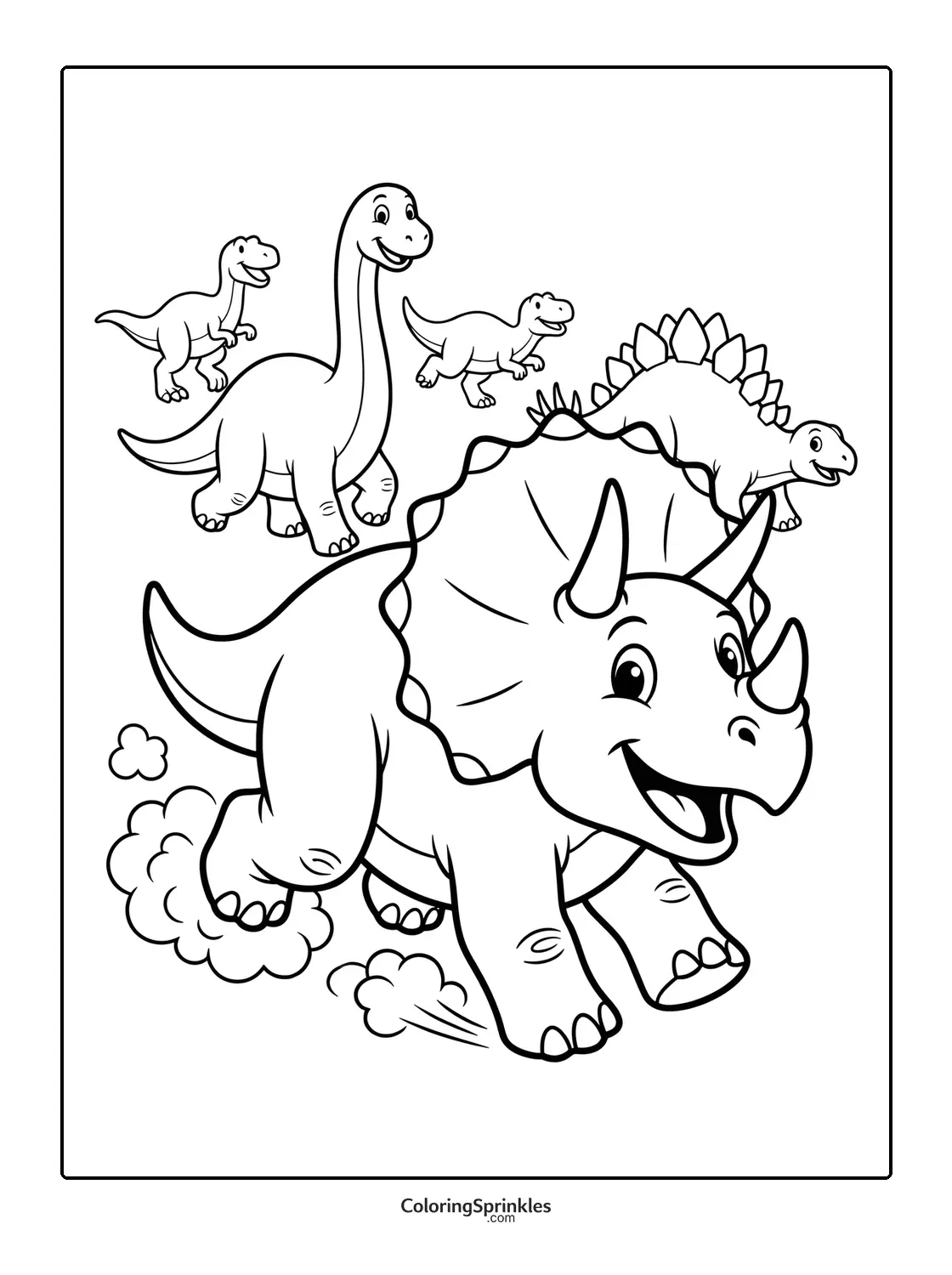 Coloring page of a triceratops running with other dinosaurs including a brachiosaurus and stegosaurus