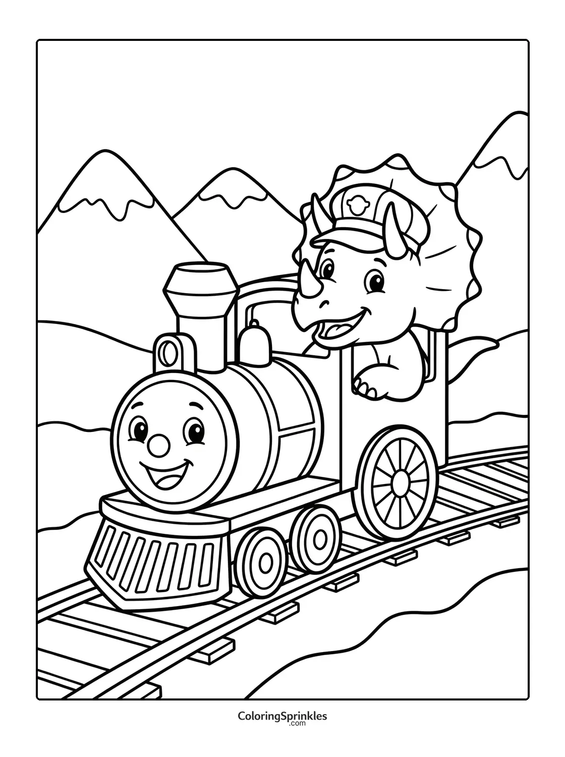 Coloring page of a triceratops driving a train on railroad tracks with mountains