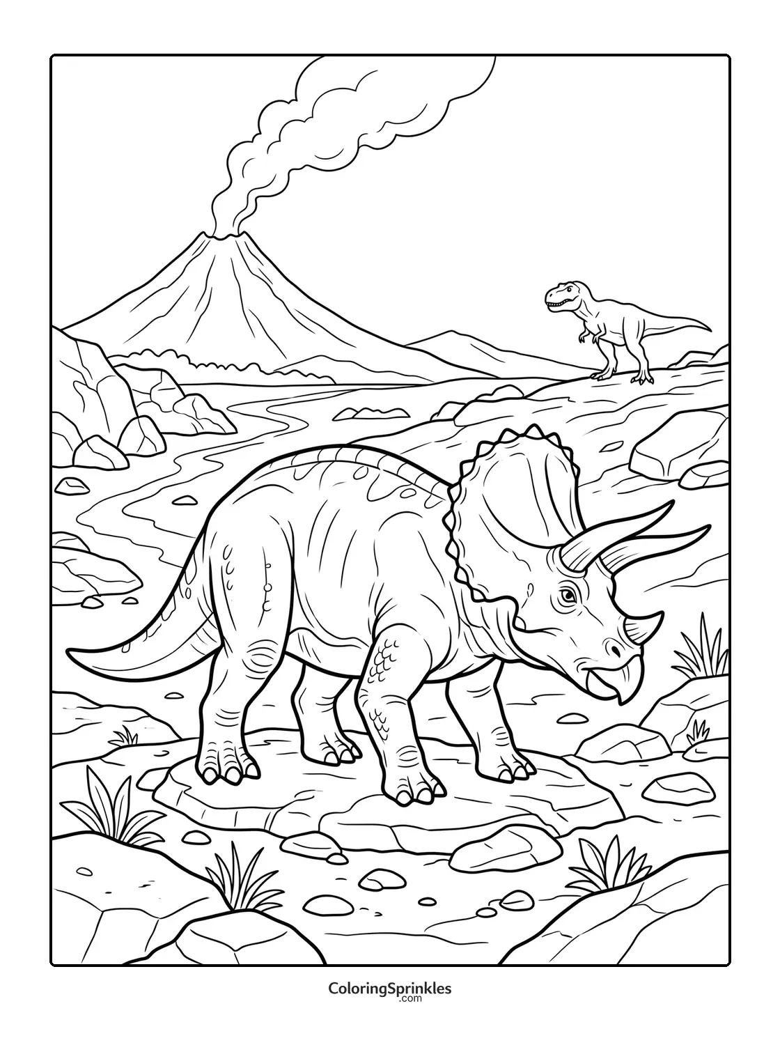 Coloring page of a triceratops standing on rocks with a volcano and a tyrannosaurus in the background