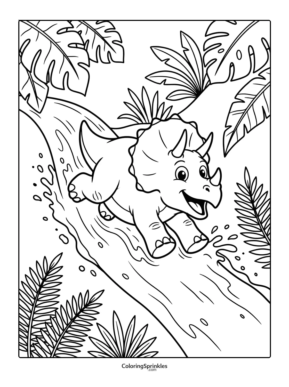 Coloring page of a triceratops sliding down a water slide in a jungle