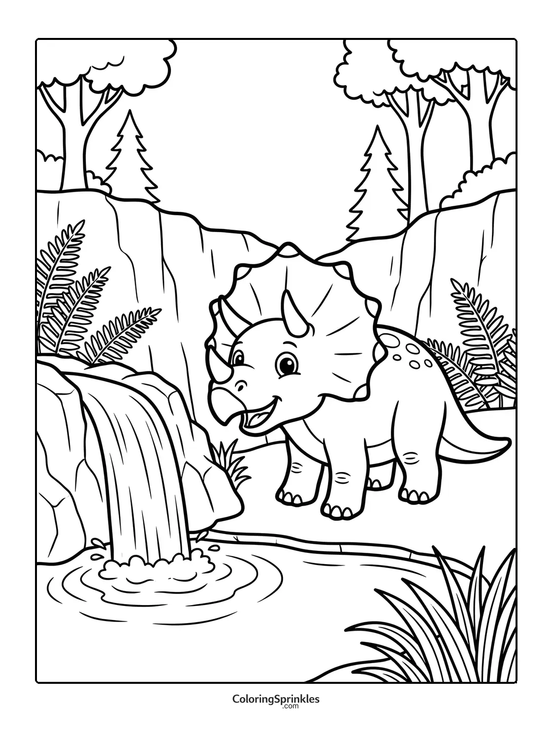 Coloring page of a triceratops near a waterfall and pond in a forest