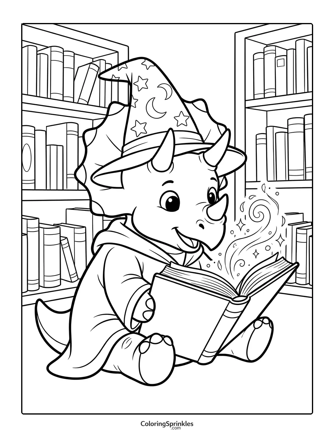 Coloring page of a triceratops dressed as a wizard reading a magical book in a library