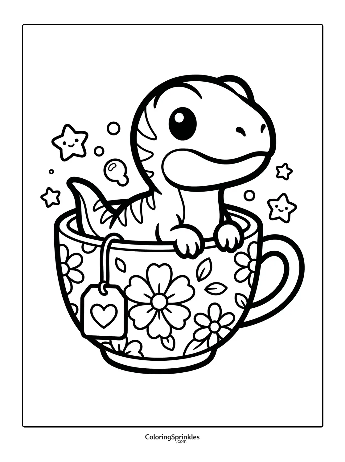 Coloring page of a cute velociraptor sitting in a floral tea cup with stars