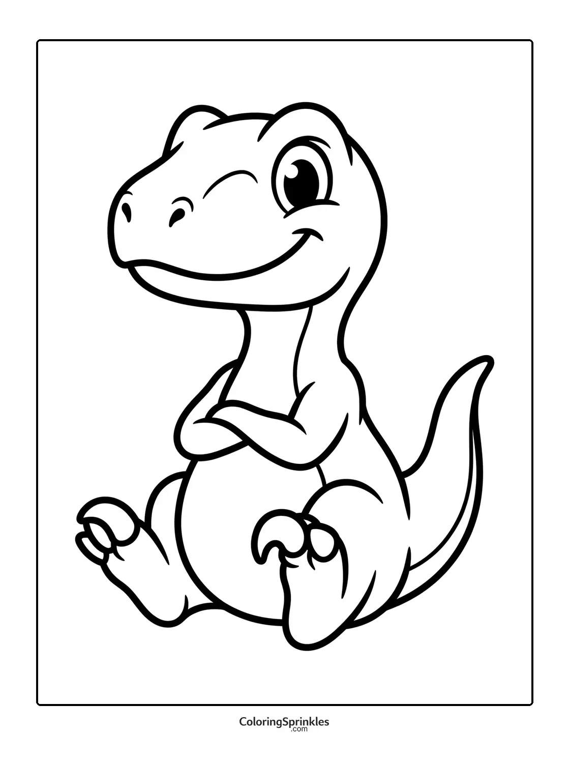 Coloring page of a cartoon velociraptor winking and sitting