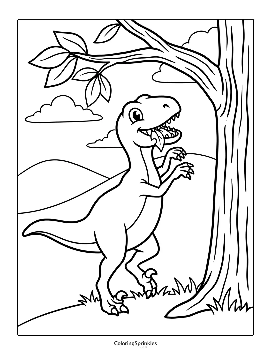 Coloring page of a happy velociraptor dinosaur near a tree with hills and clouds