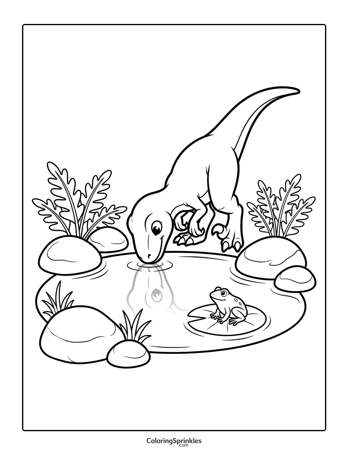 Coloring page of a velociraptor drinking water from a pond with a frog on a lily pad