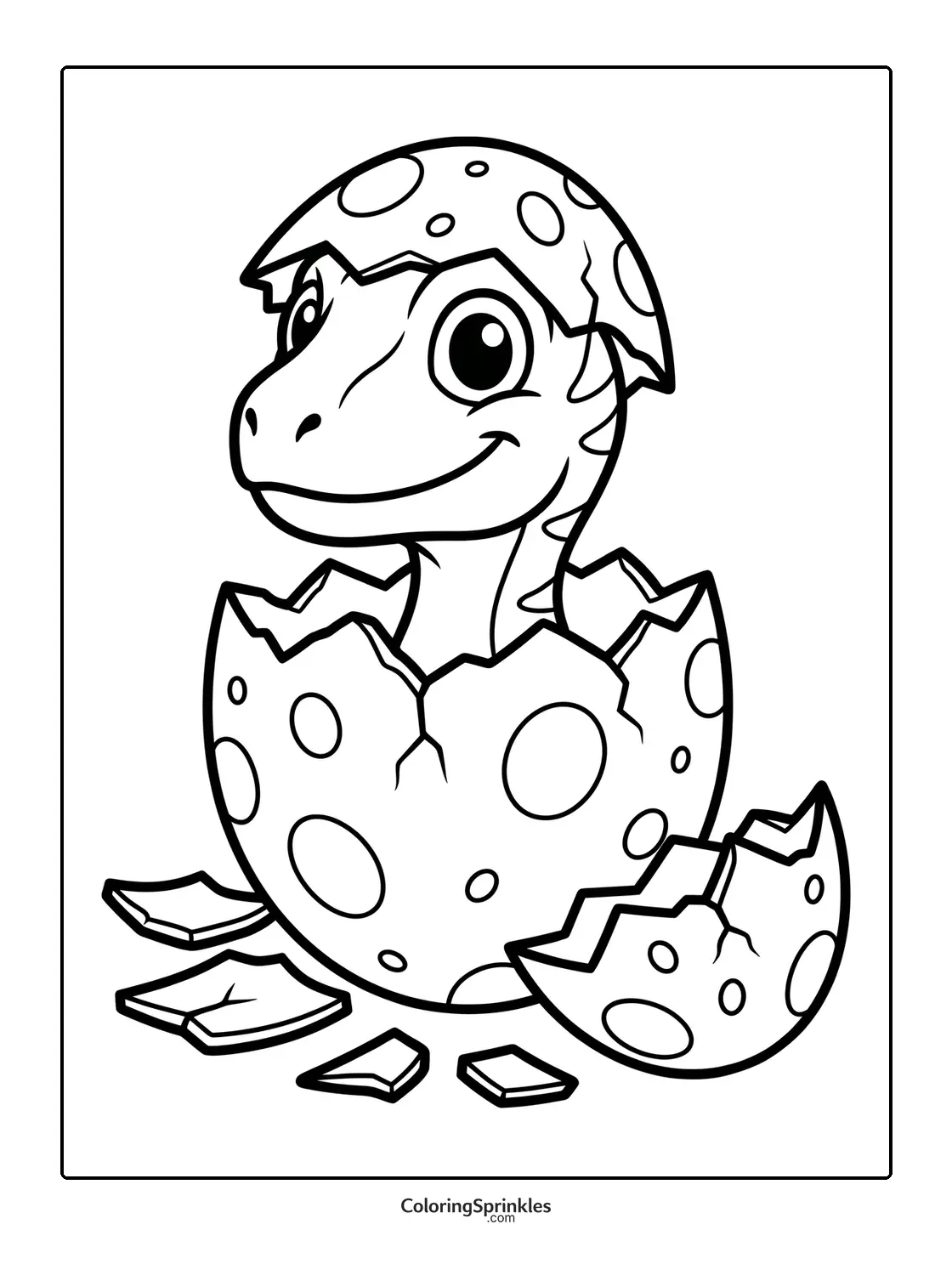 Coloring page of a baby velociraptor hatching from a dinosaur egg