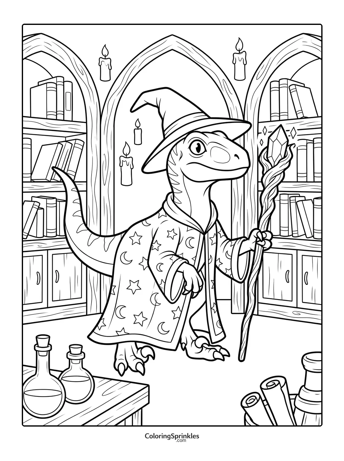 Coloring page of a velociraptor dressed as a wizard in a magic library