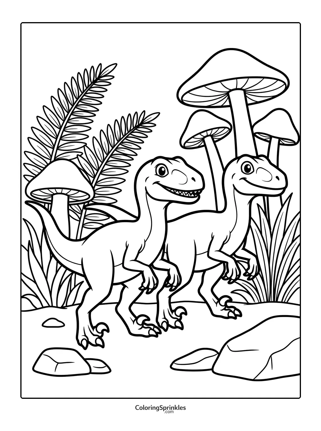 Coloring page of two velociraptors standing near mushrooms and ferns
