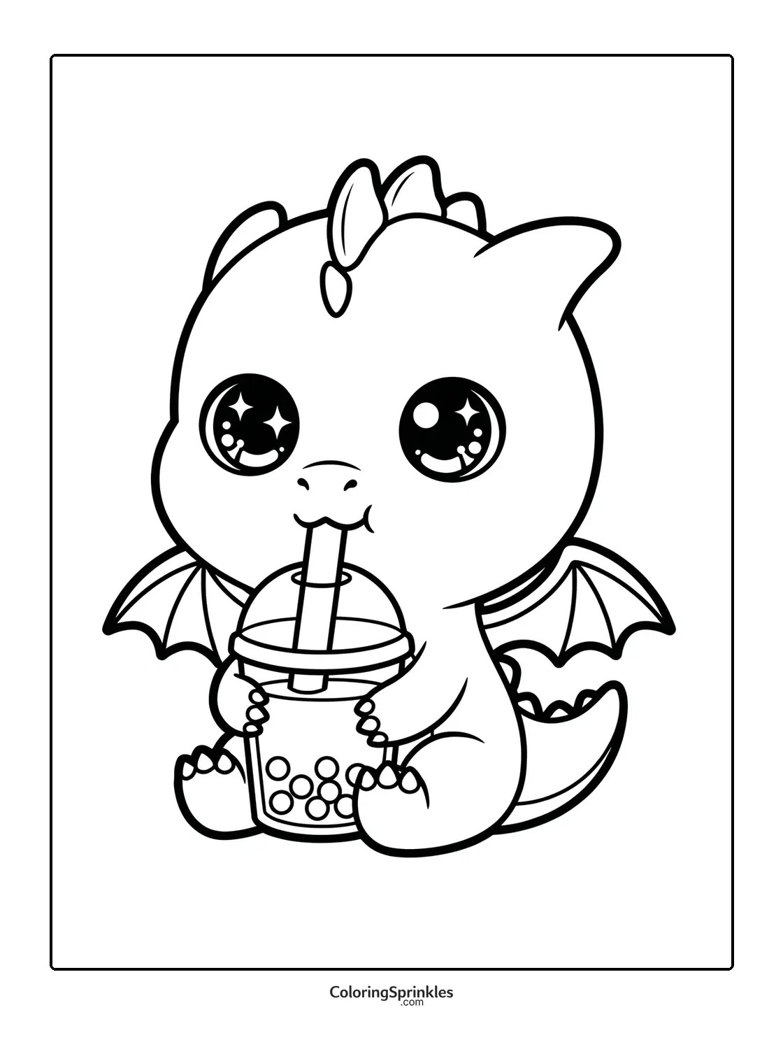 Coloring page of a cute baby dragon drinking bubble tea