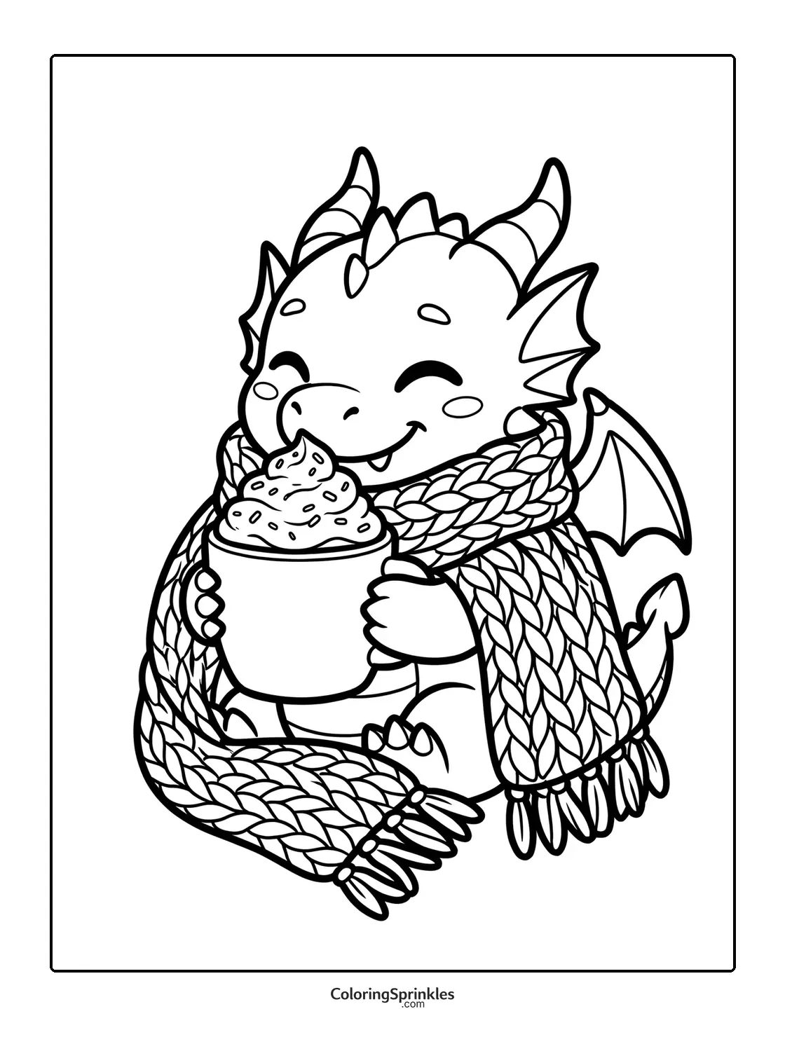 Coloring page of a cute dragon wrapped in a scarf holding a mug with whipped cream