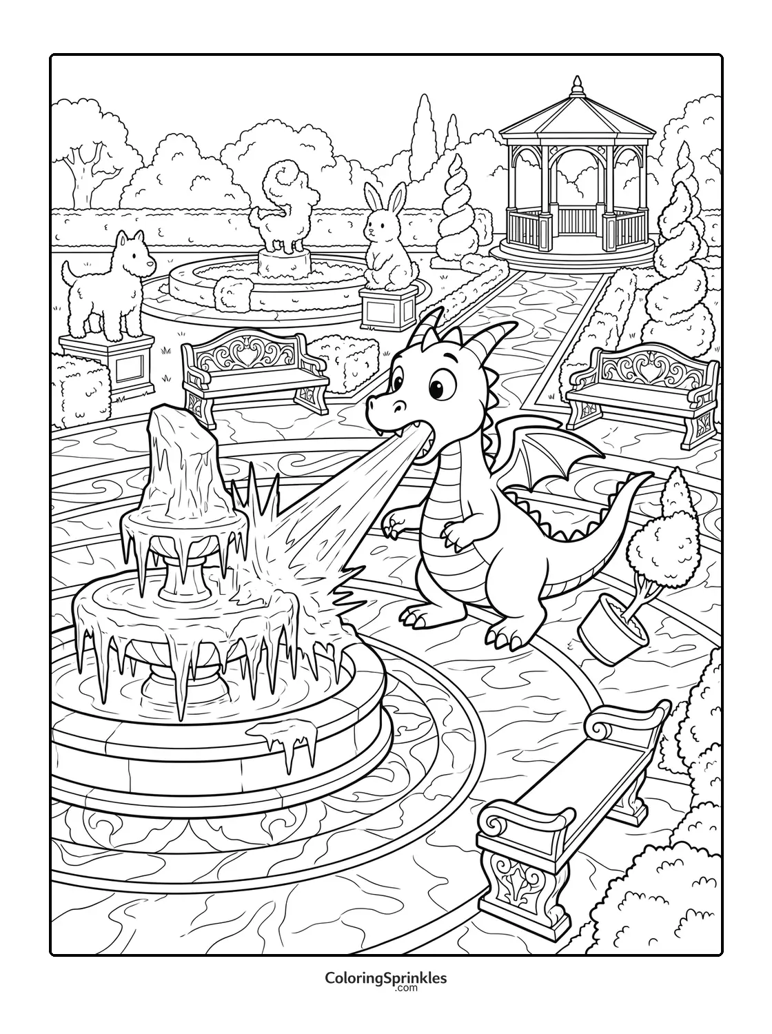 Coloring page of a dragon breathing fire on a fountain in a garden