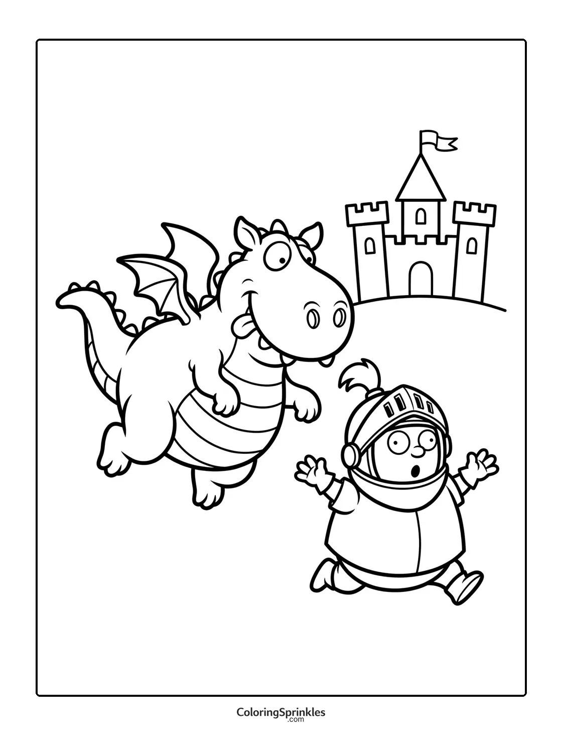 Coloring page of a dragon chasing a knight near a castle