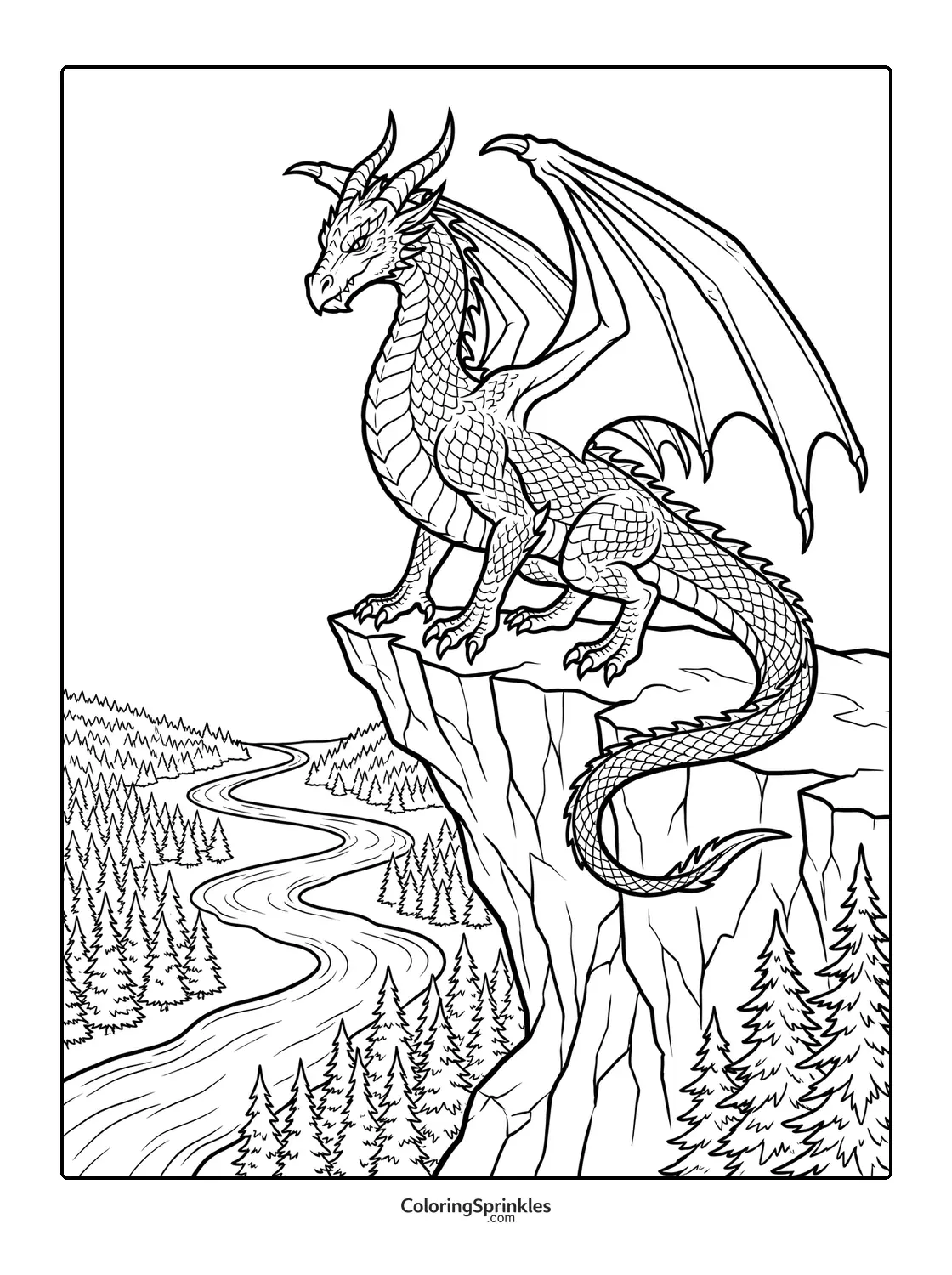 Coloring page of a dragon perched on a cliff overlooking a river and forest