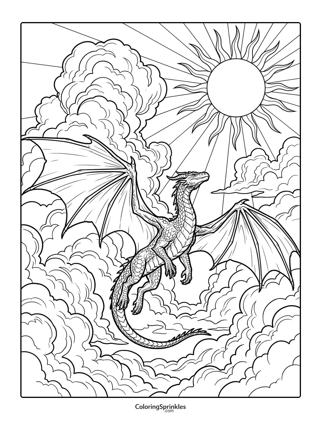 Coloring page of a dragon flying among clouds with sun rays