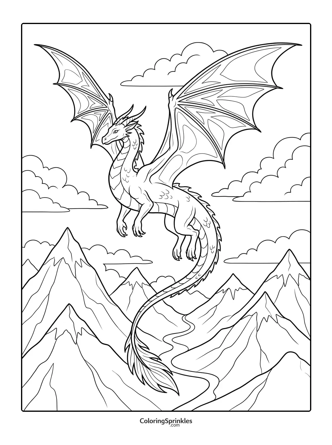 Coloring page of a dragon flying over mountains with clouds