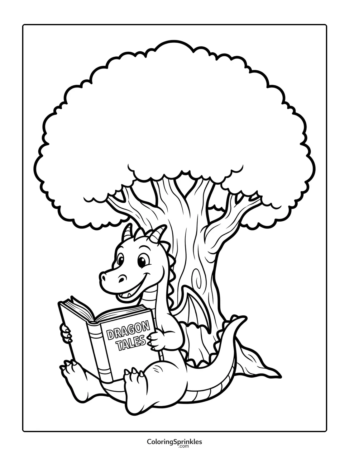 Coloring page of a dragon reading a book under a tree