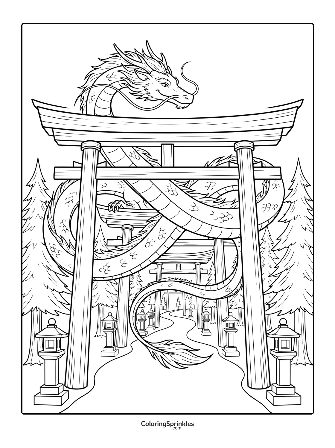 Coloring page of a dragon winding through torii gates on a forest path