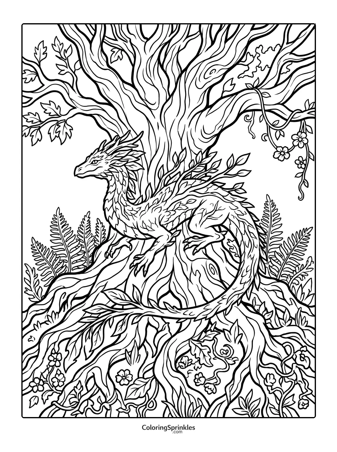 Coloring page of a dragon perched on tree branches surrounded by leaves and flowers