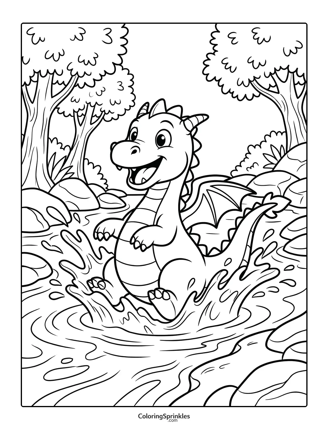 Coloring page of a happy dragon splashing water in a forest stream