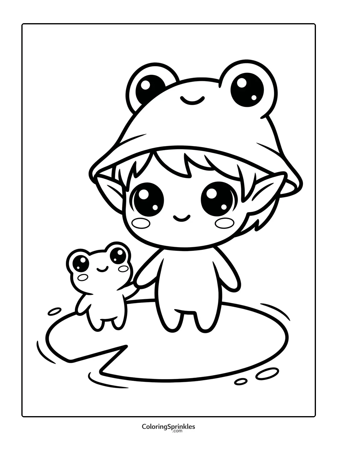Coloring page of an elf wearing a frog hat holding hands with a frog on a lily pad