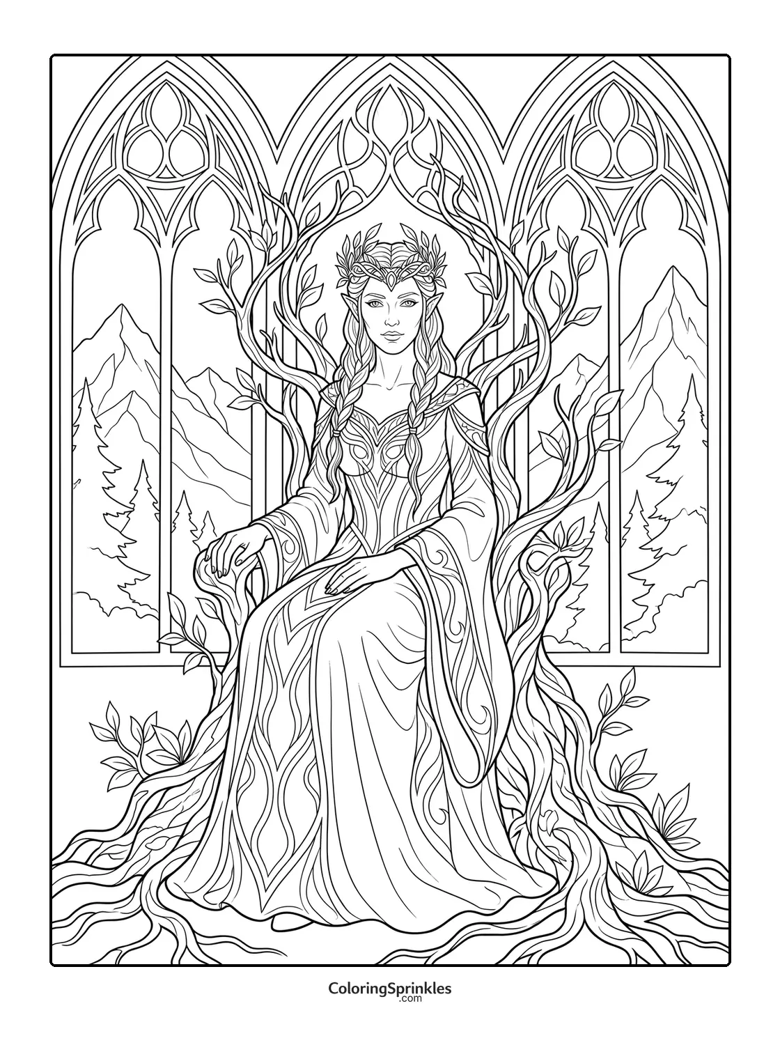 Coloring page of an elf queen sitting on a throne made of tree branches with mountain views through windows