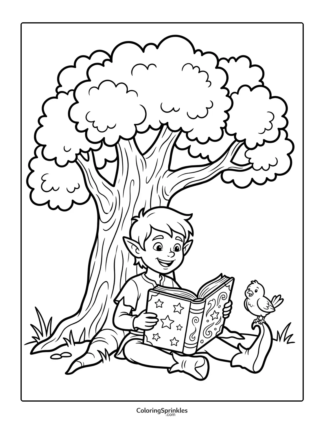 Coloring page of an elf reading a book under a tree with a bird