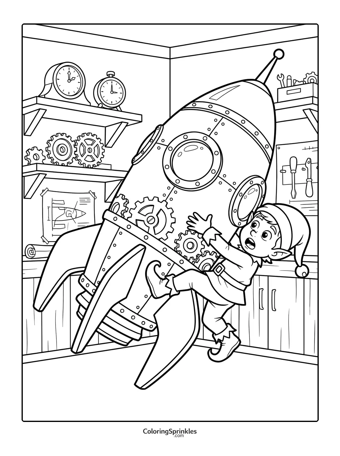 Coloring page of an elf holding a rocket in a workshop with gears and tools