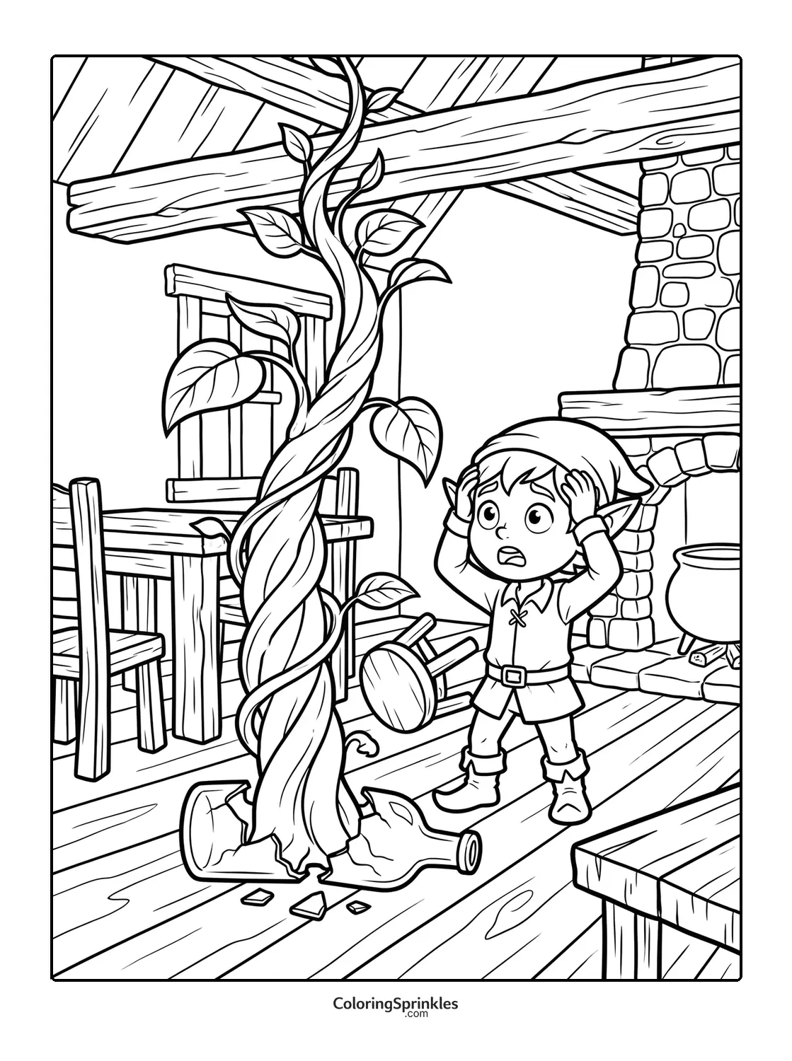 Coloring page of a surprised elf with a beanstalk growing from a broken pot