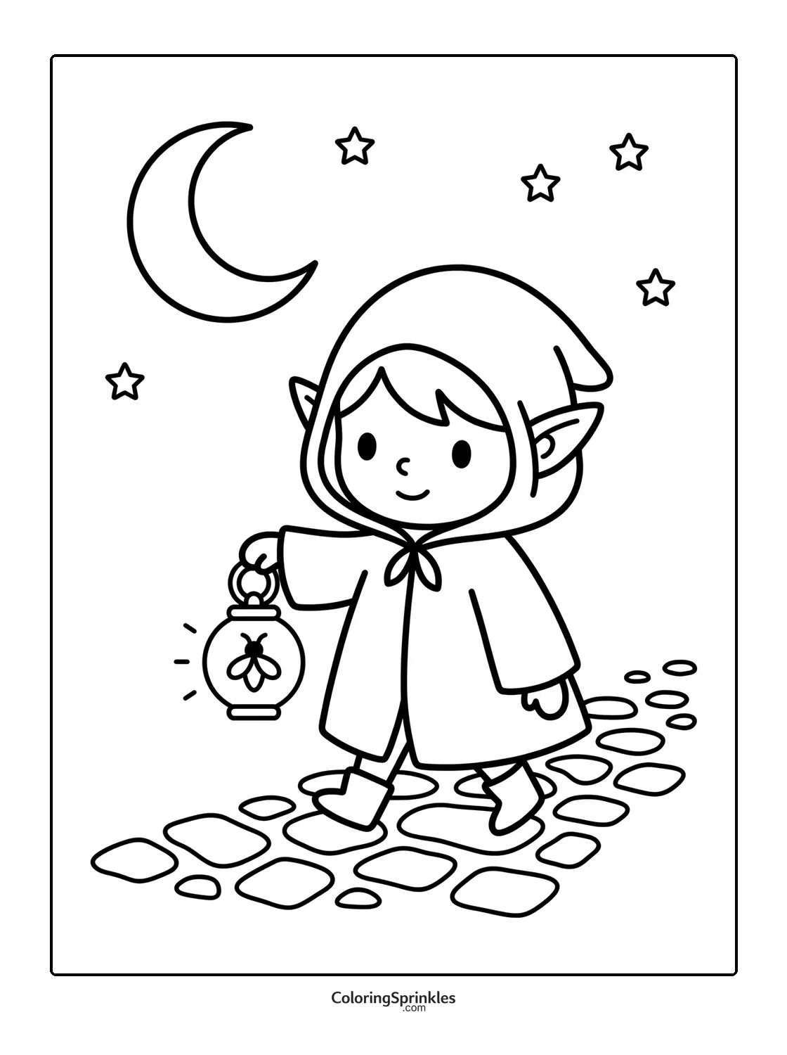 Coloring page of an elf walking at night holding a lantern with a firefly