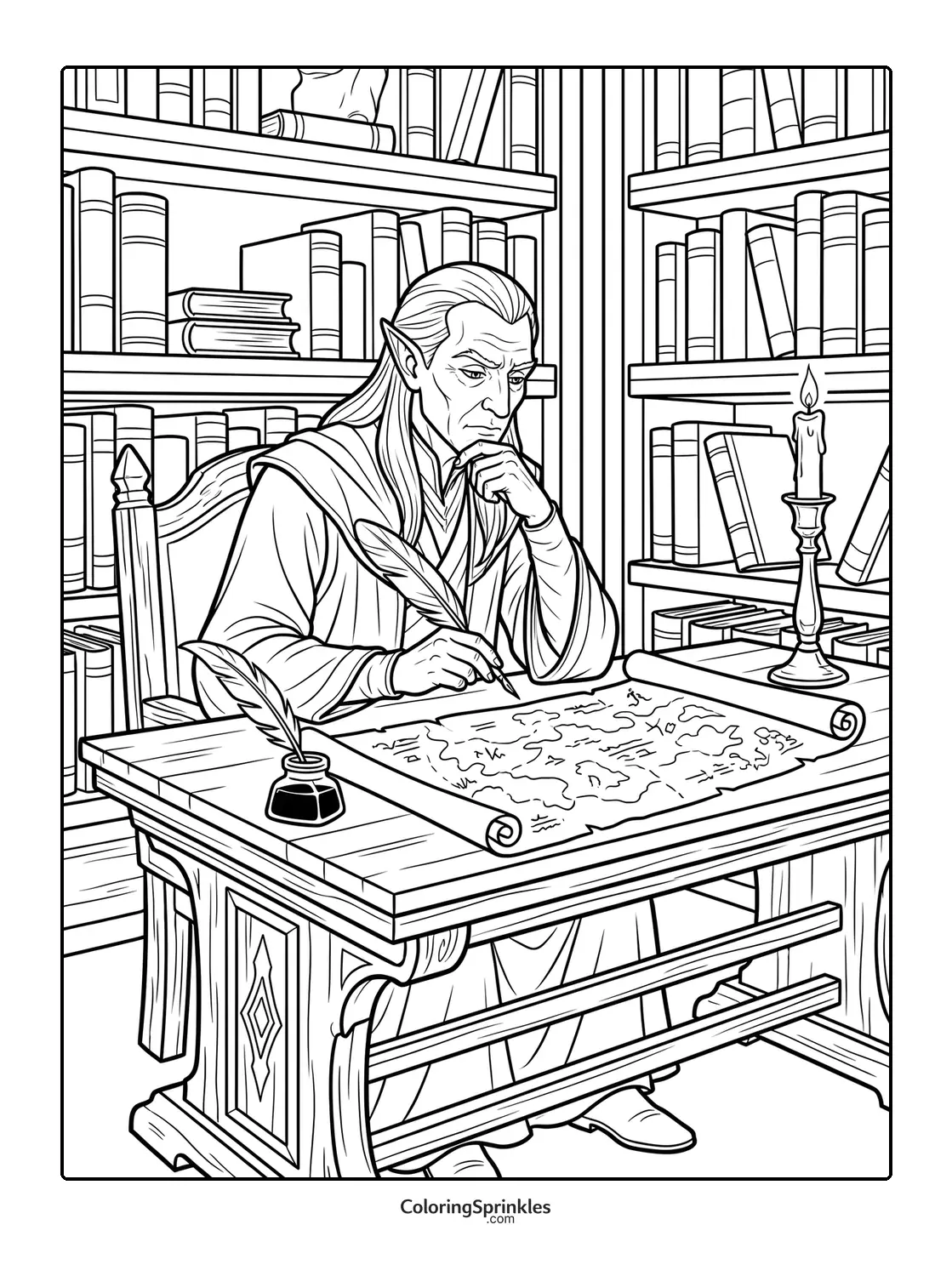 Coloring page of an elf writing on a map in a library with a candle