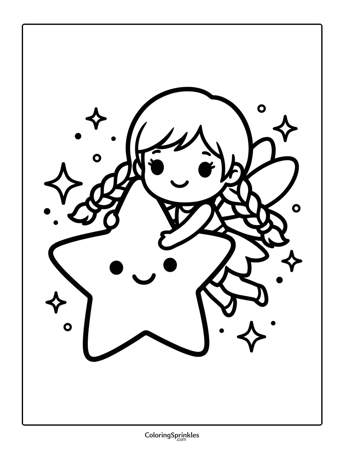 Coloring page of a fairy hugging a smiling star