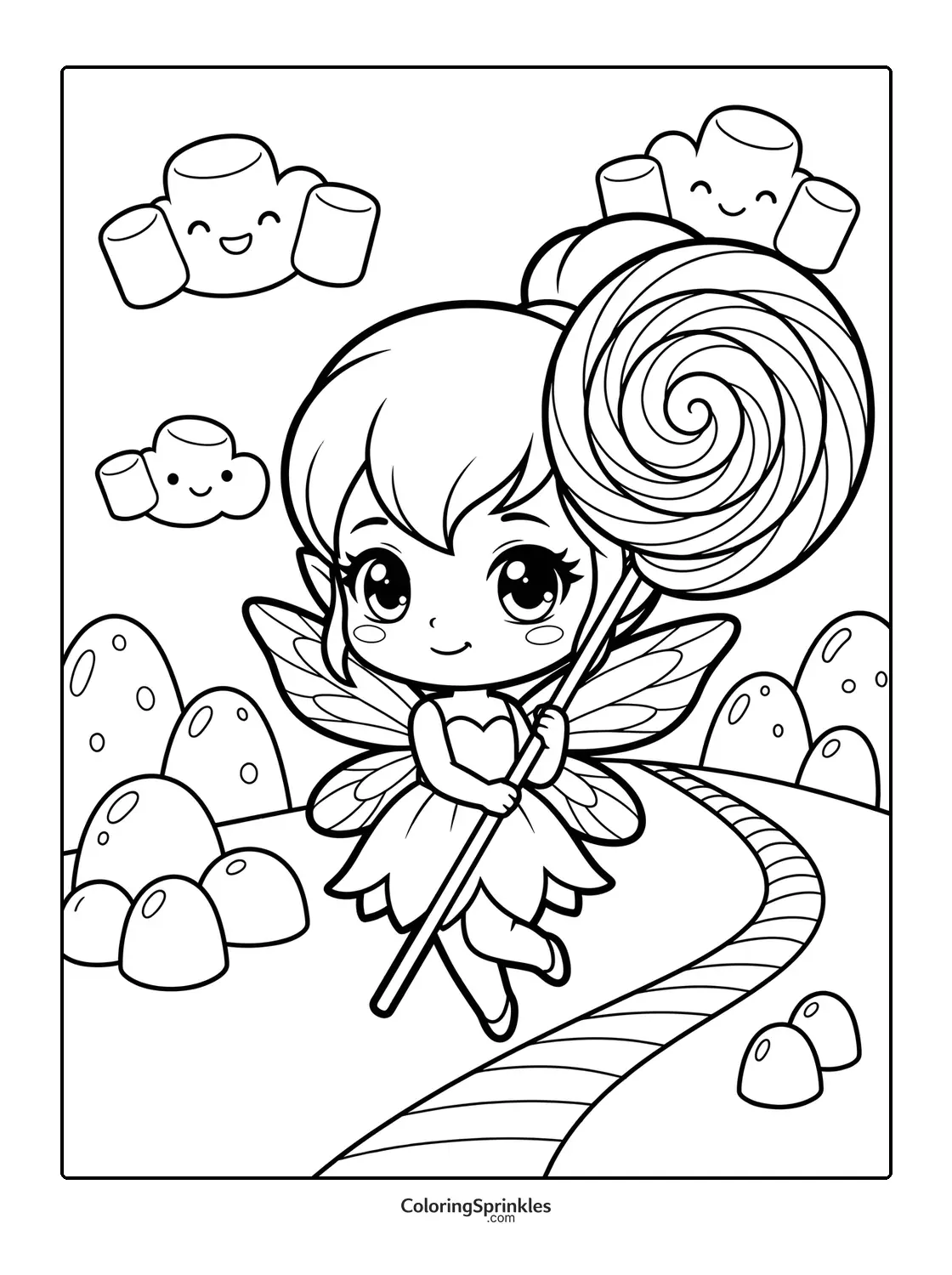Coloring page of a fairy holding a lollipop with marshmallow clouds and candy path