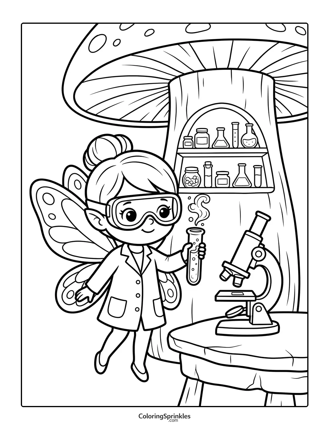 Coloring page of a fairy scientist in a mushroom lab with a microscope