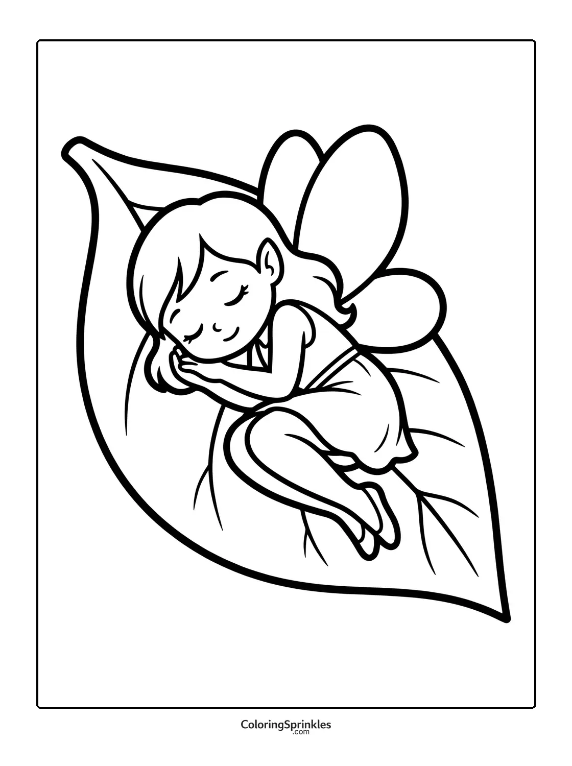 Coloring page of a fairy sleeping curled up on a leaf