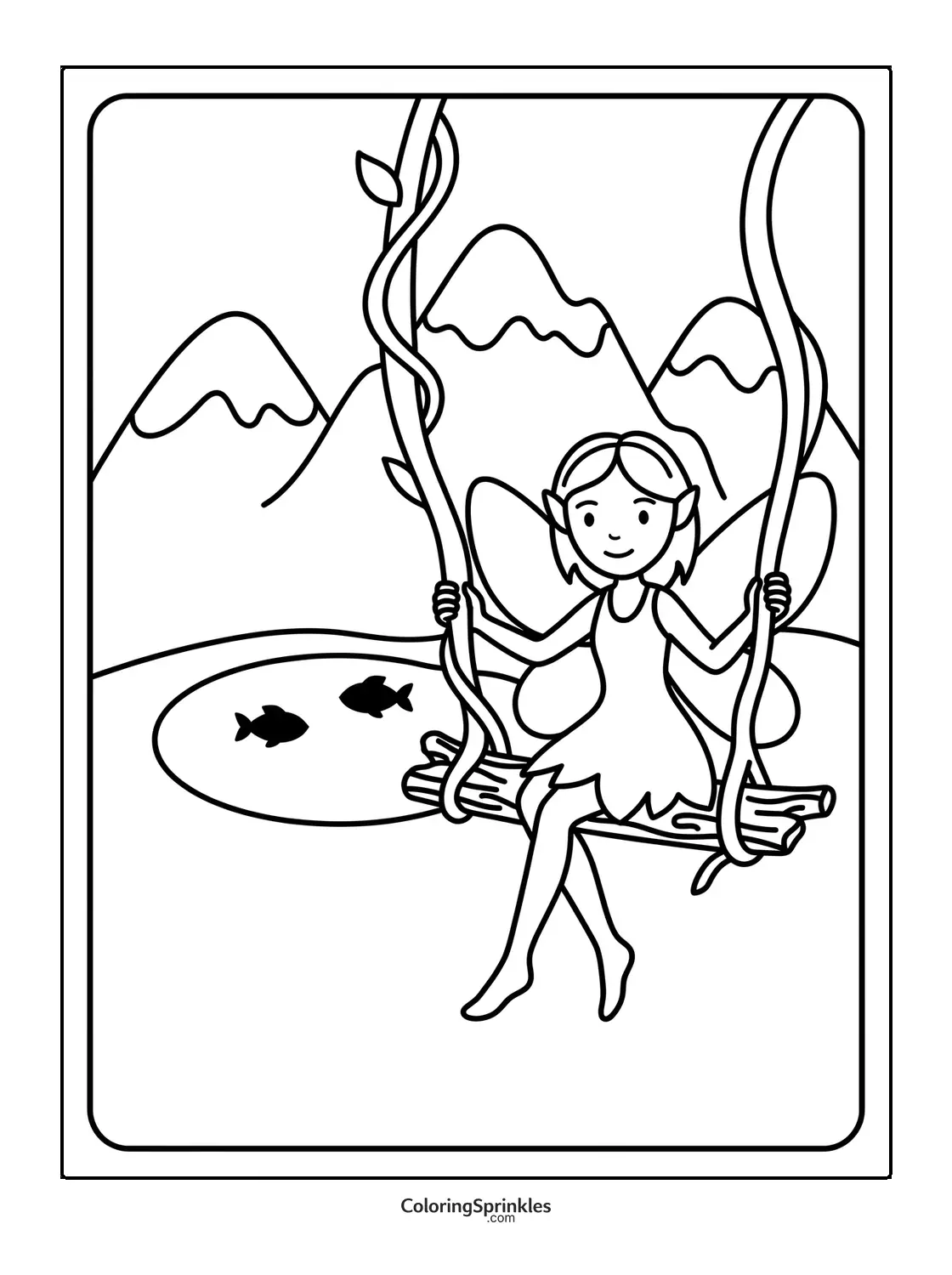 Coloring page of a fairy sitting on a swing over a pond with fish and mountains