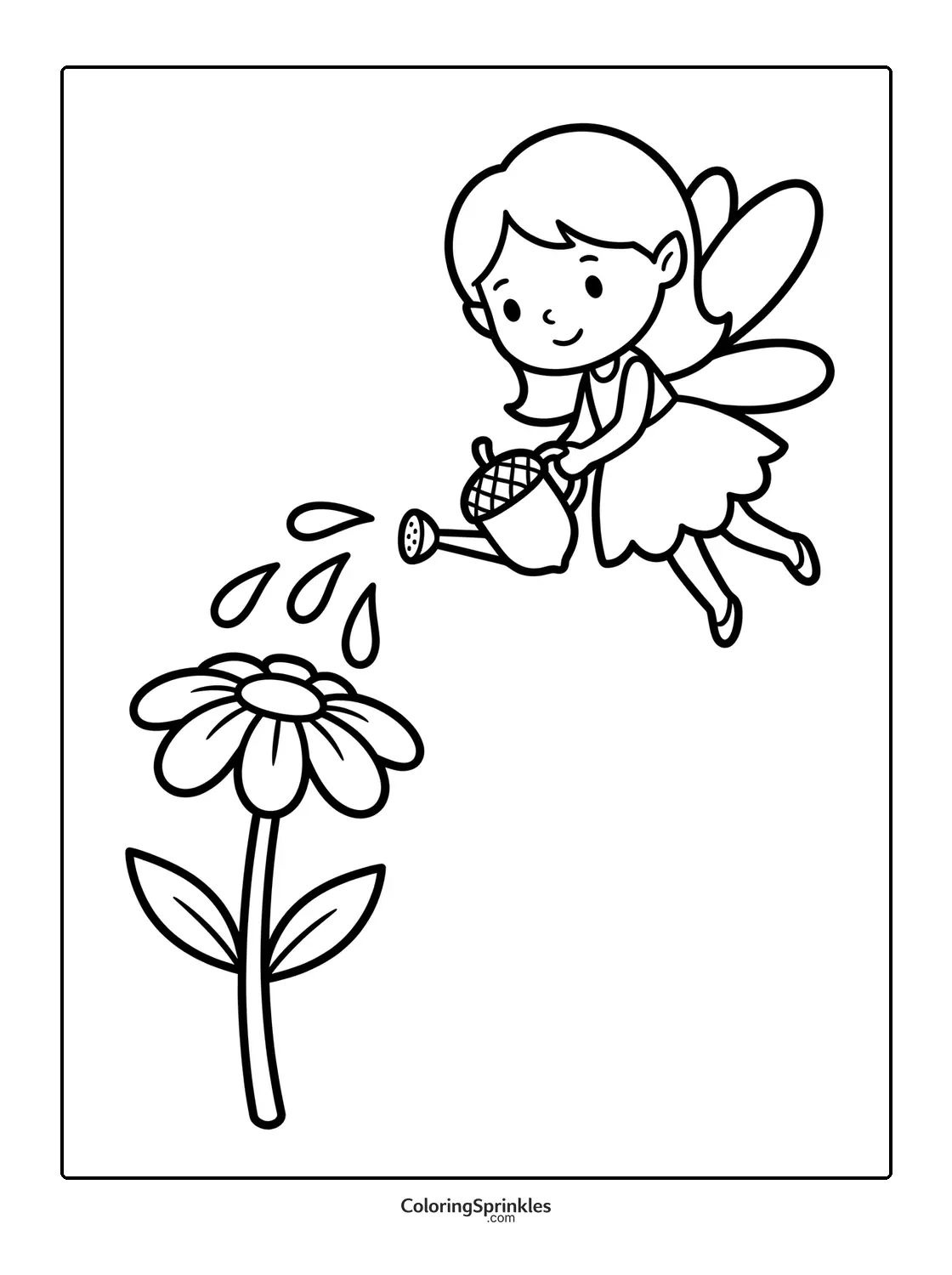 Coloring page of a fairy watering a flower with wings