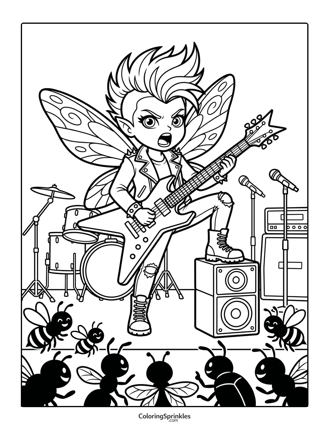 Coloring page of a punk fairy playing an electric guitar on stage with bees