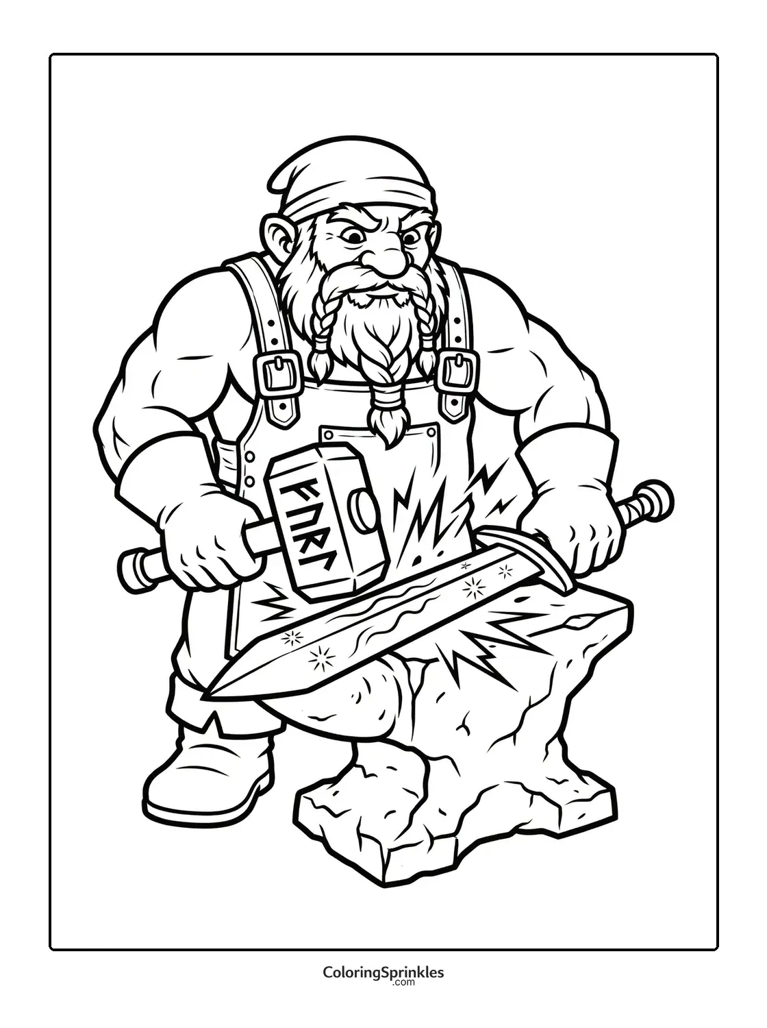 Coloring page of a dwarf blacksmith forging a sword on an anvil