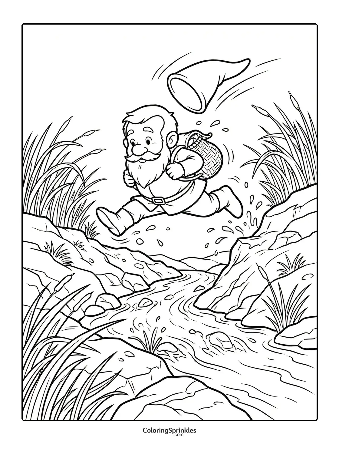 Coloring page of a dwarf jumping over a stream with a basket in nature