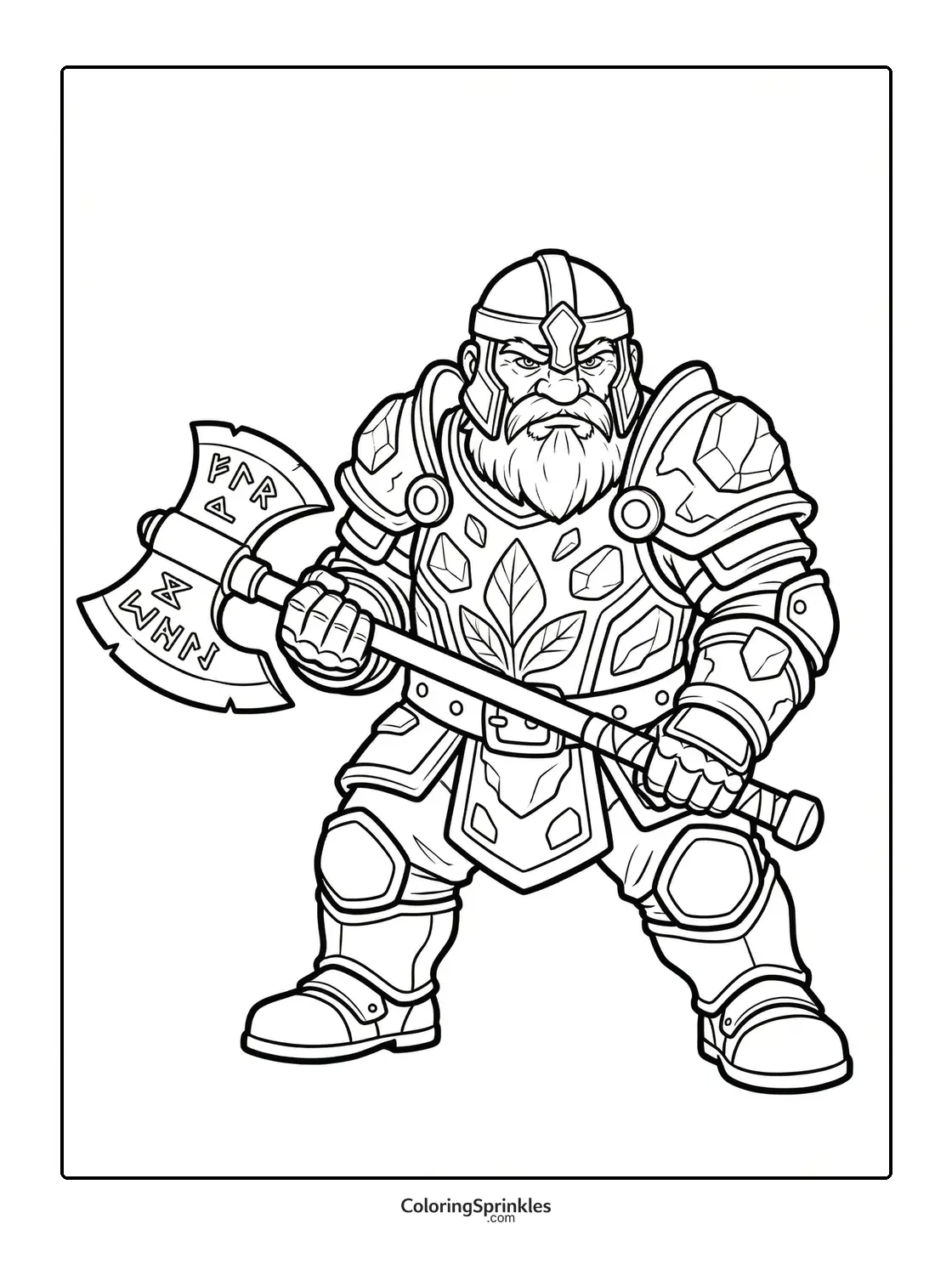 Coloring page of a dwarf warrior holding a runic axe in detailed armor