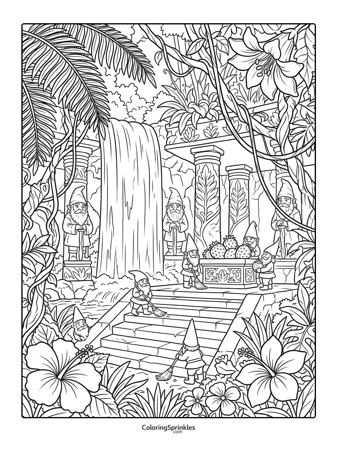 Coloring page of garden gnomes sweeping steps near a waterfall with flowers
