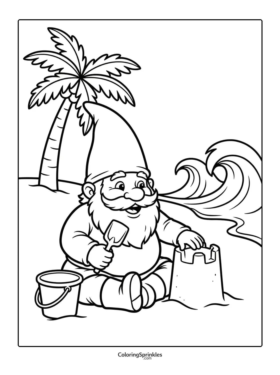 Coloring page of a gnome building a sandcastle on the beach with a palm tree