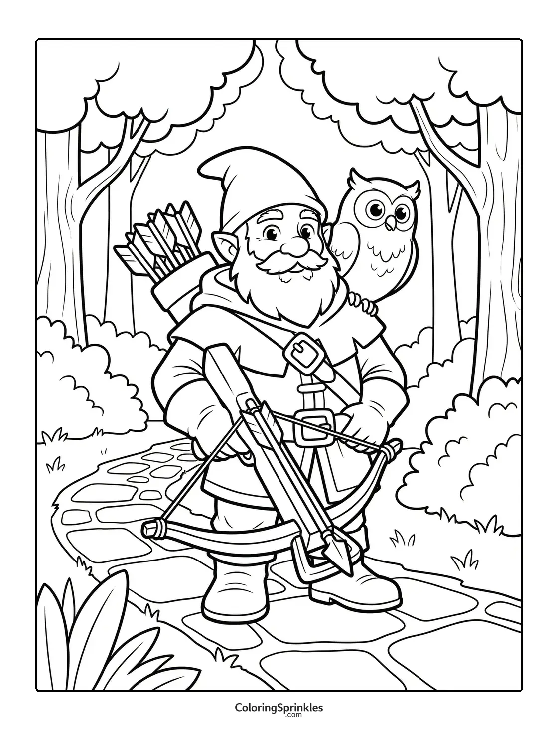 Coloring page of a gnome holding a crossbow with an owl on his shoulder on a forest path