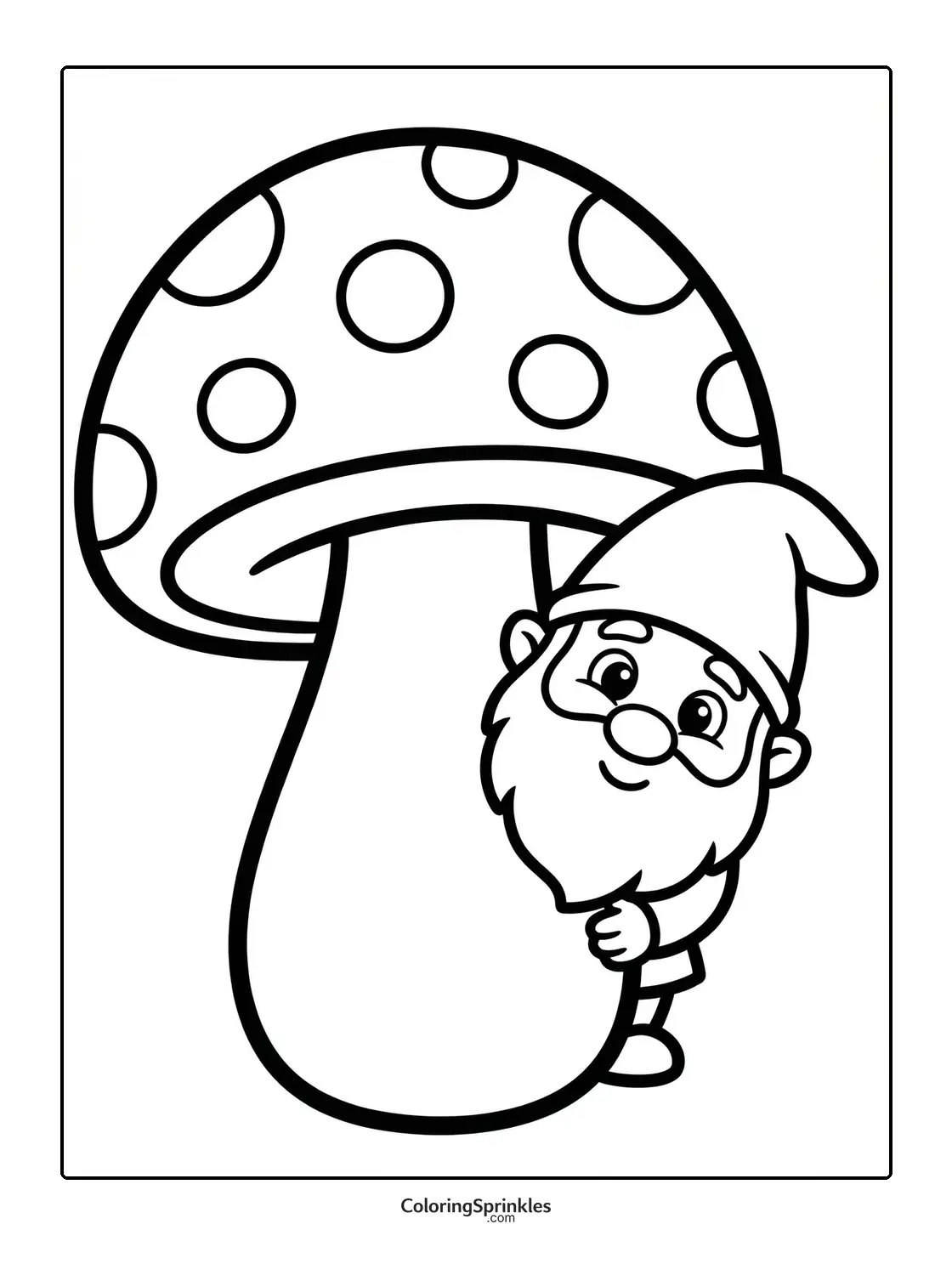 Coloring page of a gnome hiding behind a large spotted mushroom