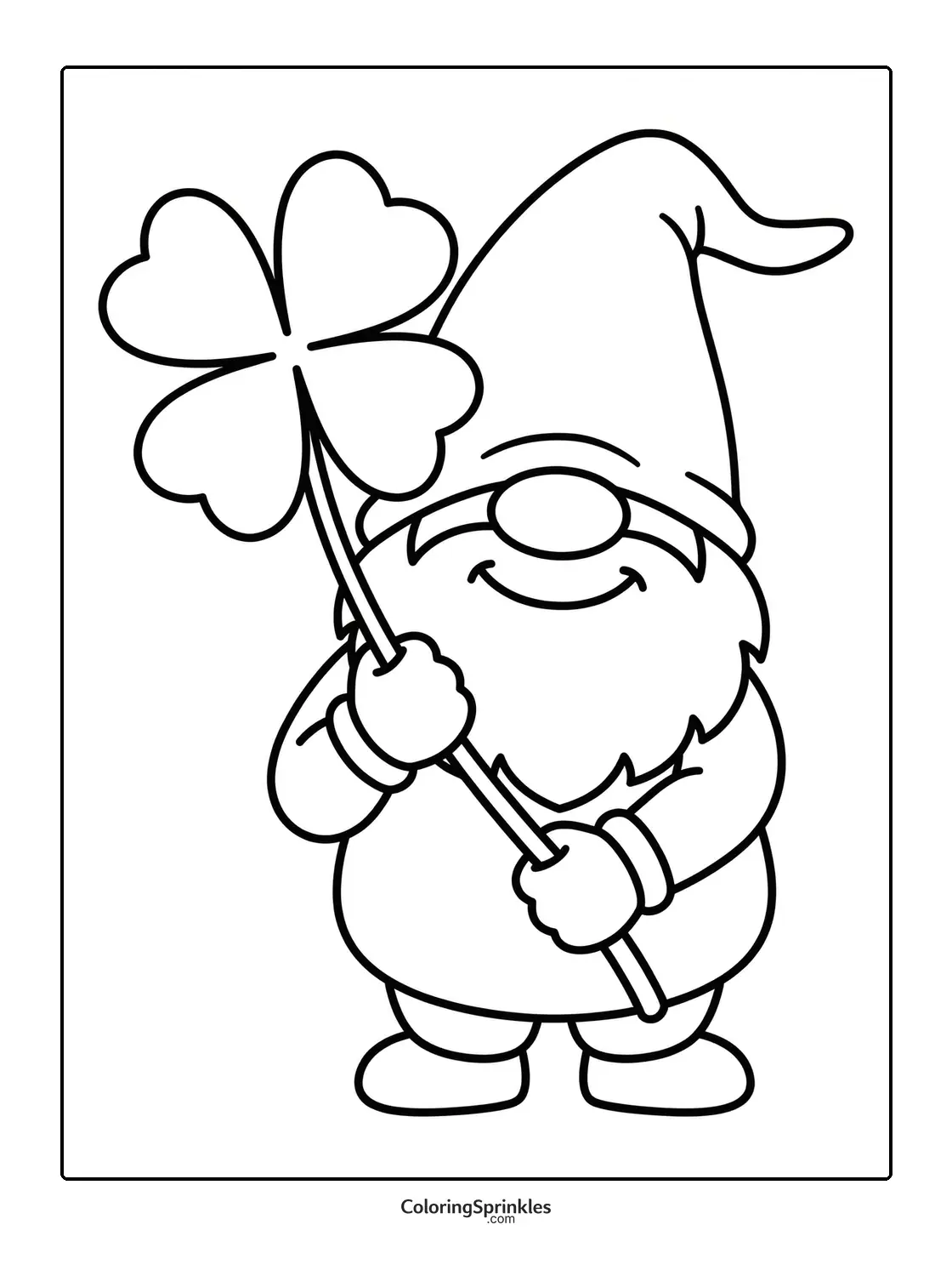Coloring page of a gnome holding a large four-leaf clover