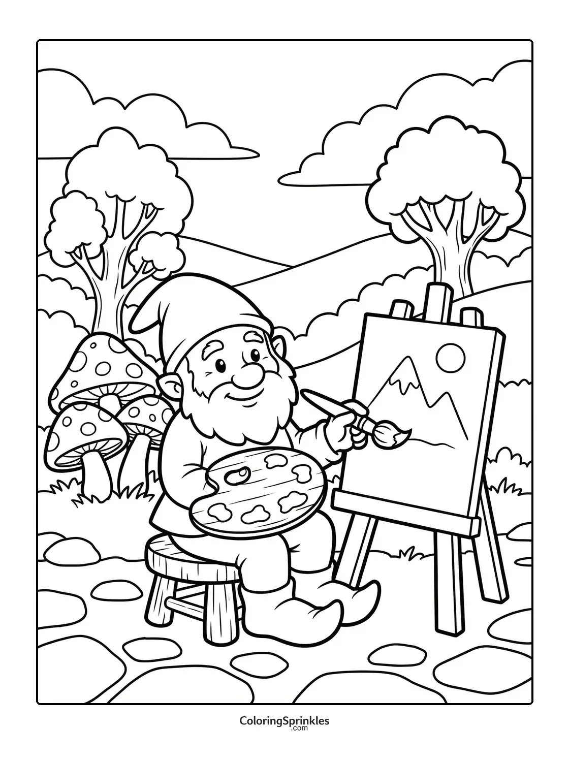Coloring page of a gnome painting on an easel in a forest