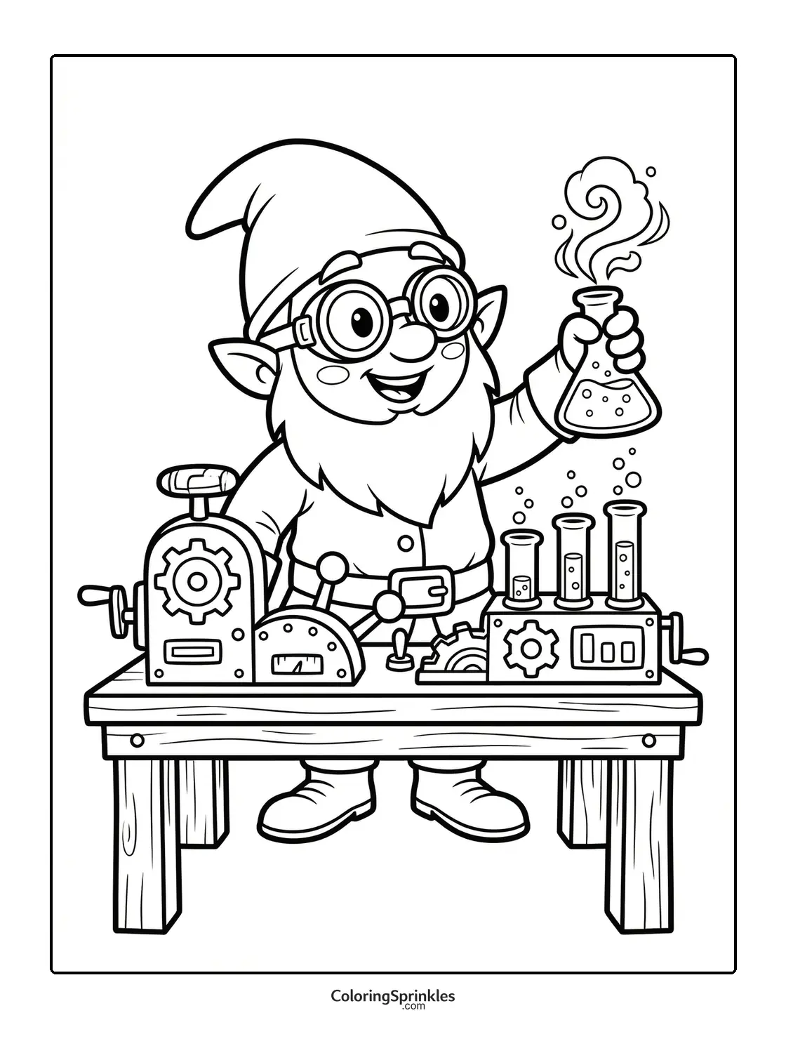 Coloring page of a gnome scientist conducting an experiment at a lab table