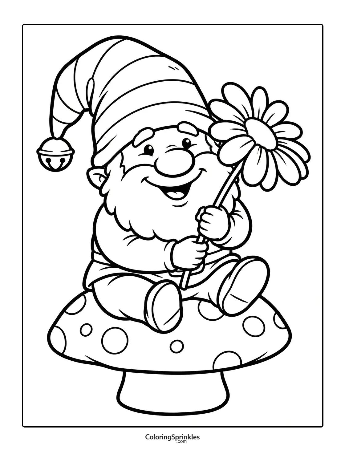 Coloring page of a gnome sitting on a mushroom holding a flower