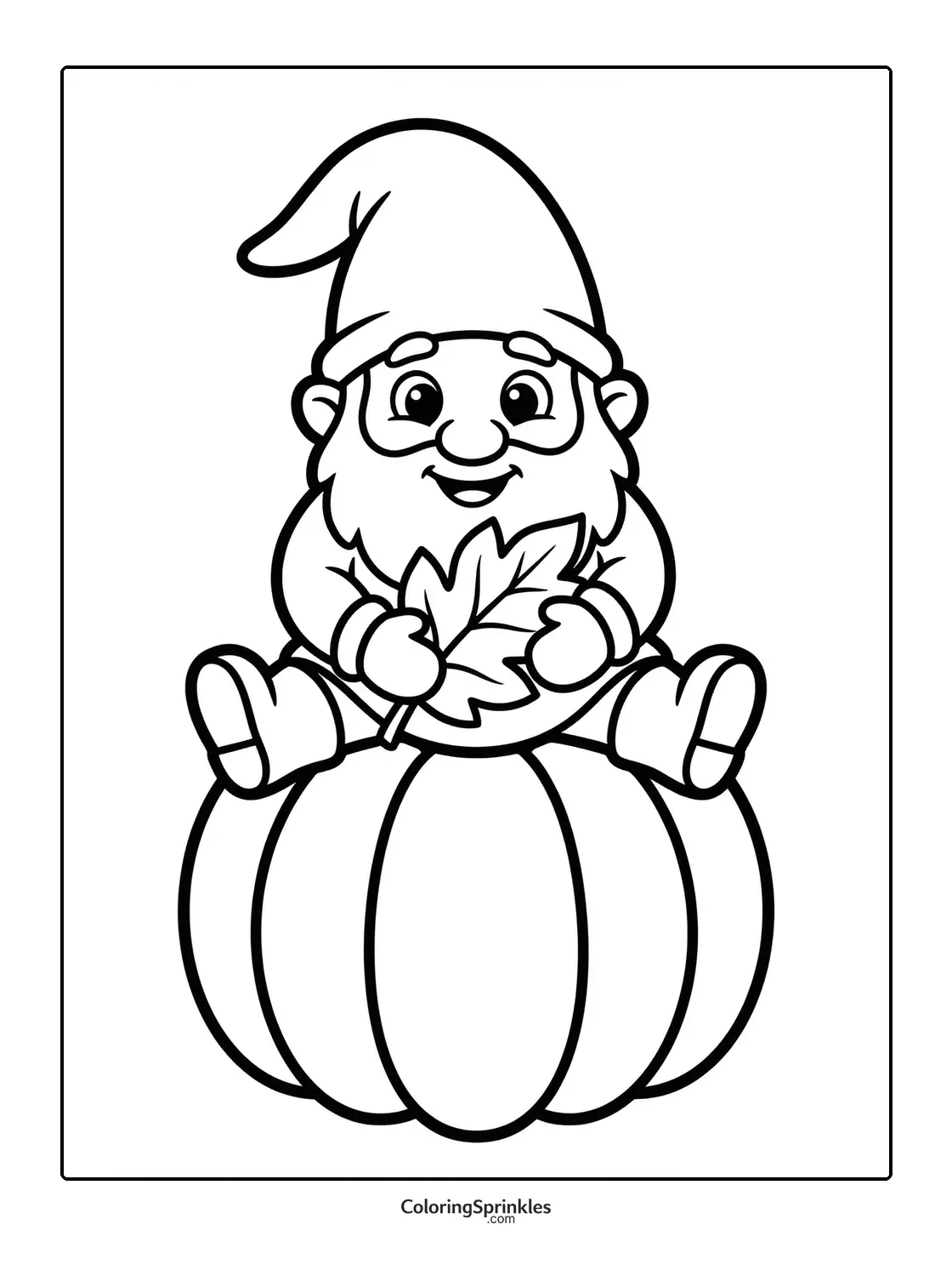 Coloring page of a gnome sitting on a pumpkin holding a leaf